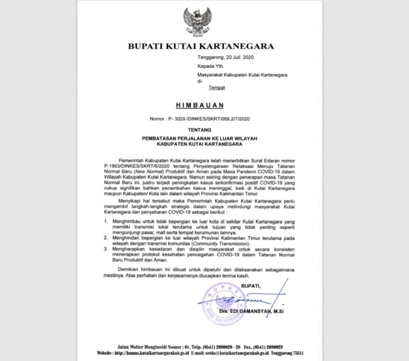 Kasus Meningkat, Bupati Kukar Terbitkan Surat Himbauan Pembatas Perjalanan Ke Luar wilayah